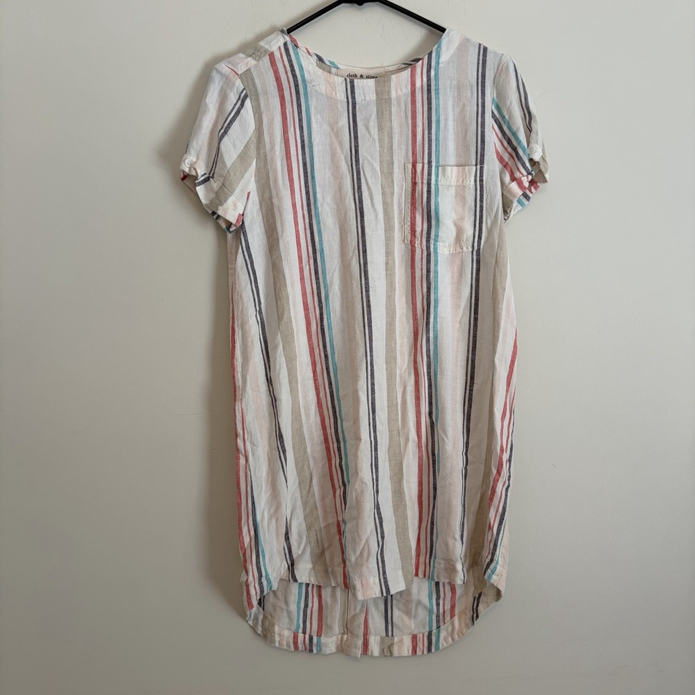 Cloth & Stone Anthropologie XS White Linen Blend Stripe Shift Dress Button Beach